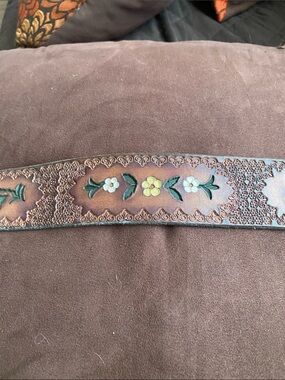 Tooled Leather Floral Belt — Brown with Green & Yellow Accents
